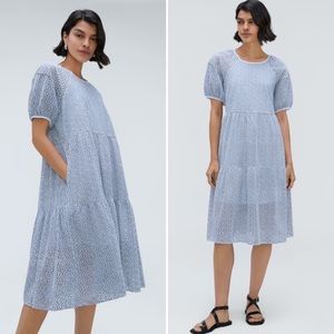EVERLANE The Tiered Eyelet Dress Blue&White Stripe Puff Sleeve Midi Sheer lined